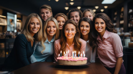 Portrait of happy workers female colleagues friends holding birthday cake and smiling at camera in workplace.の素材