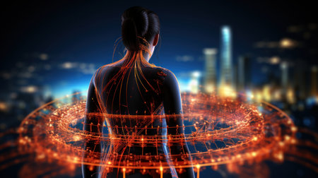 Digital composite of asian female body with glowing connection lines over cityscape background.の素材