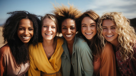 Group of multiracial friends having fun together on the beach. Women laughing and looking at camera.の素材