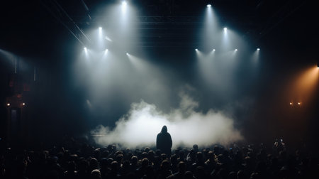 Silhouette of a scary man in hood at front of a crowd at a dark concert.の素材