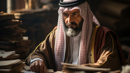 Arabic man working with papers in office. Portrait of a middle-aged arabian man in kandura.の素材