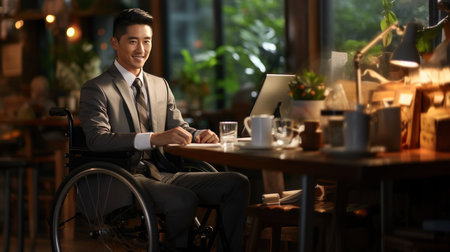 Asian disabled businessman in wheelchair working on laptop at table, side view.の素材