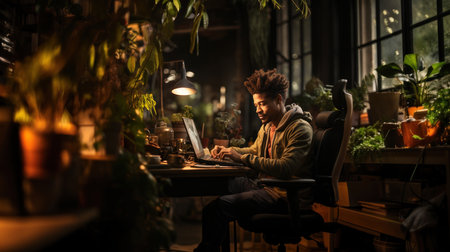 African american freelancer working on laptop at night in green house.の素材