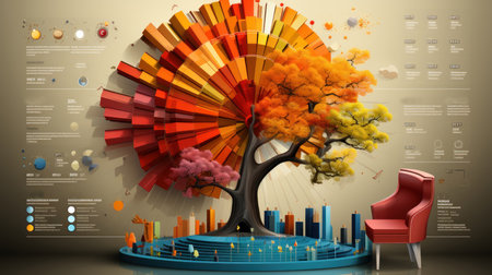 3d illustration of beautiful tree in color background with pie chart and armchair.の素材