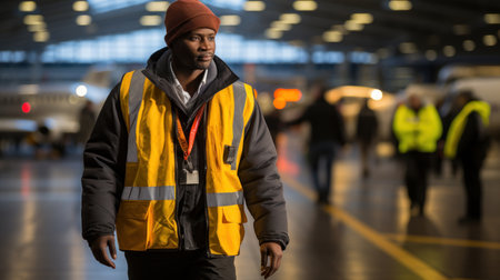 Portrait of an African-American man in a yellow jacket, airport worker.の素材