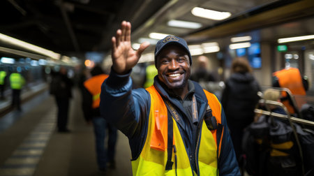 African american worker man wearing a cap and reflective vest waving in airport.の素材