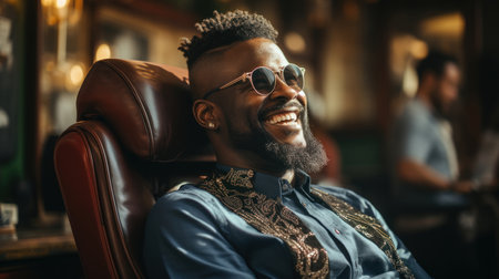 Cheerful afro american man sitting in armchair in barbershop and smiling.の素材