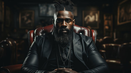 Portrait of a bearded African American man in black leather jacket.の素材