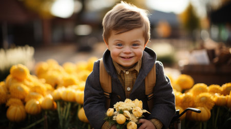 Cute little boy with syndrome down hold a bouquet of yellow tulips.の素材