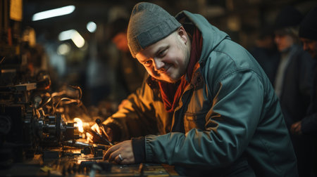 Engineer with syndrome down working on a metalworking machine in a factory workshop.の素材