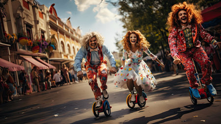 Three funny clowns having fun on roller skates in the city.の素材