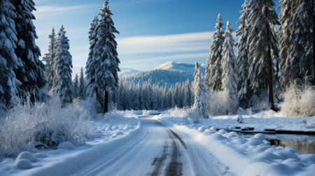 Winter road in the mountains. Winter landscape. Carpathians, Ukraine, Europe.の素材