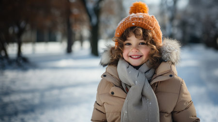Portrait of a smiling little girl in a warm orange hat and coat in winter park.の素材