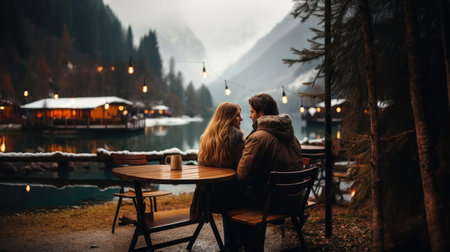 Couple in love sitting at a table in a restaurant on the lake in the mountains.の素材