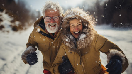 Portrait of happy senior couple in winter mountains. They are having fun and laughing.の素材