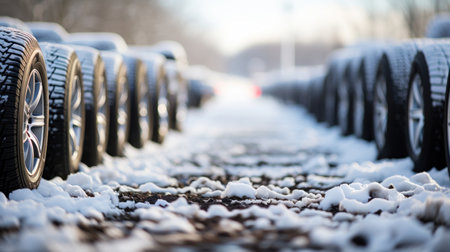 Row of car tires covered with snow on the road in winter, close-up.の素材
