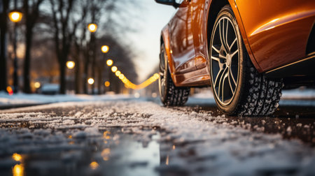 Orange car on a snowy road in winter. Tires covered with snow.の素材