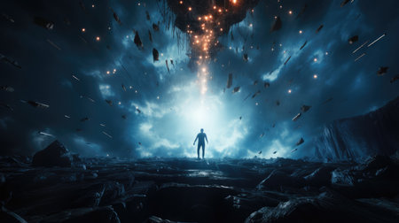 Back view of man walking on abstract exploded background.の素材