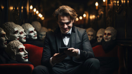 Hypocritical, insincere, two-faced man with phone. Liar macho concept.の素材