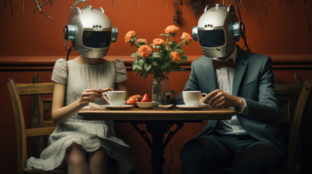 Conceptual photo of couple with robot heads, man and woman sitting at the table and drinking coffee.の素材