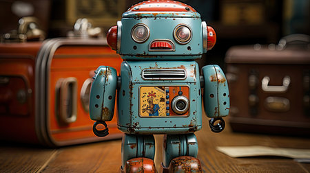 Vintage tin robot toy on a wooden background.の素材