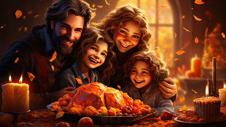 Happy family celebrating Thanksgiving day. Mother, father and their children at table.の素材