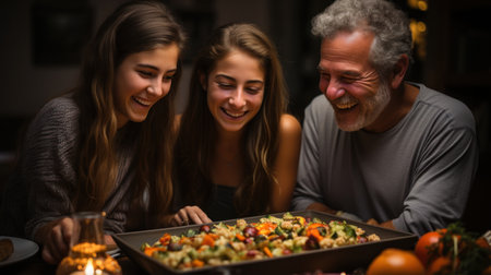 Happy Thanksgiving Day! Father with daughters having dinner together at home in the living room.の素材