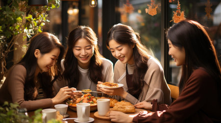 Happy Thanksgiving Day! Group of happy young asian women drinking coffee and having breakfast at home.の素材