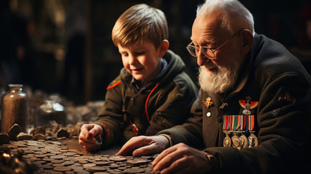 Grandfather and grandson in military uniform playing with old coins.の素材