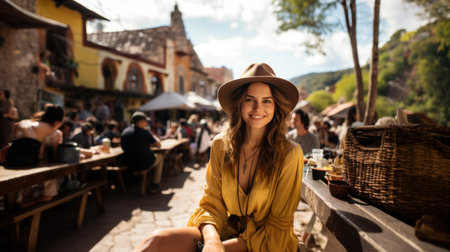 Portrait of a beautiful traveler woman in a hat sitting at a table in a cafe at Mexico Cuernavaca streets.の素材
