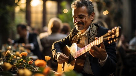Street mexican musician playing an acoustic guitar in Oaxaca city center. Selective focus.の素材