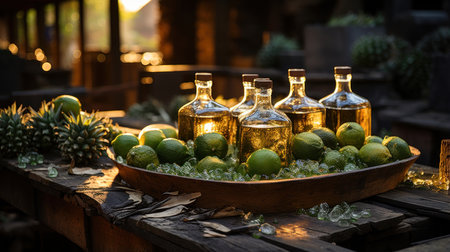 Tequila bottles in a wooden bowl with lime at Mexico.の素材