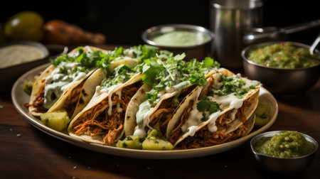 Traditional mexican tacos with meat, vegetables and guacamole.の素材