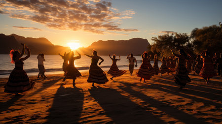 Silhouette of a group of latinos women dancing on the beach at sunset in Playa del Carmen.の素材