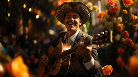 Mexican man playing guitar on the street in Mexico Latin America.の素材
