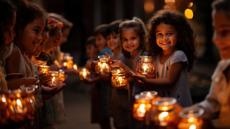 Group of indian kids lighting candles for Diwali festival.の素材