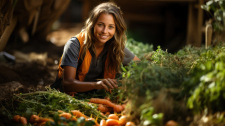 Portrait of smiling young woman picking fresh carrots in her vegetable garden.の素材