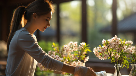 Beautiful young asian woman taking care of flowers in flower shop.の素材