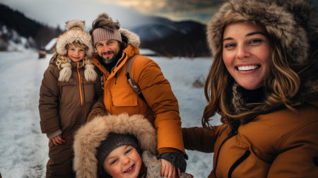 Happy family of four having fun in winter mountains. Mother, father and children on snow.の素材