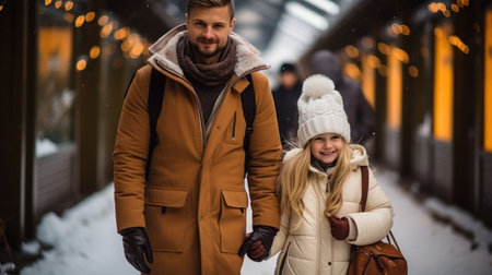 Father with daughter in warm clothes walking in the street at winter time.の素材