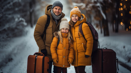 Happy family of three with suitcases at winter vacation in the city.の素材