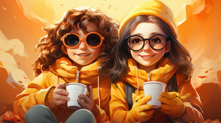 Two stylish hipster girls in yellow raincoat and hats drinking coffee.の素材
