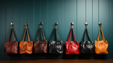 Row of leather handbags hanging on the wall.の素材