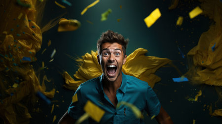 Portrait of a shocked young man looking at camera and screaming while surrounded by yellow confetti.の素材