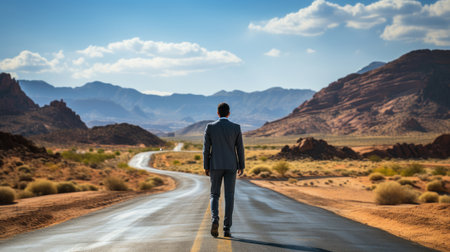 Rear view of businessman standing on road against mountains and blue sky in Texas.の素材
