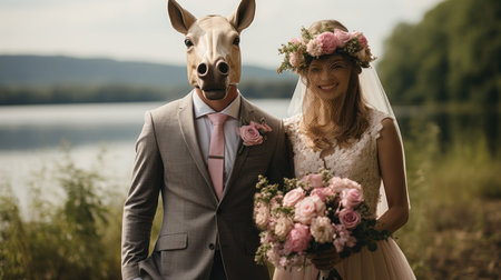 Bride and groom on their wedding day. Wife with a donkey husband.の素材