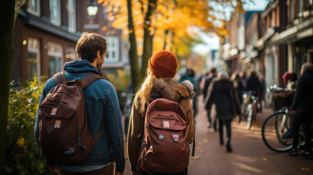 Tourists couple walking in the streets of Amsterdam.の素材
