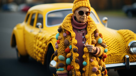 Elderly hippie woman in warm clothes and sunglasses on the background of a yellow knitted retro car.の素材