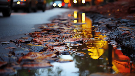 Autumn leaves in a puddle in the city at evening.の素材