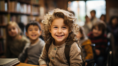 Portrait of smiling little boy sitting in library and looking at cameraの素材